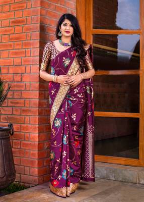 Wine woven banarasi silk saree with blouse 1