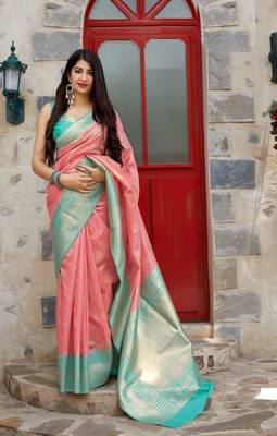 Light pink woven banarasi silk saree with blouse 1