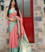 Light pink woven banarasi silk saree with blouse