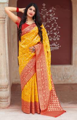 Yellow woven banarasi silk saree with blouse 1