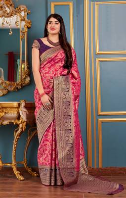 Pink woven banarasi silk saree with blouse 1