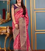 Pink woven banarasi silk saree with blouse