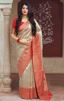 Cream woven banarasi silk saree with blouse 1