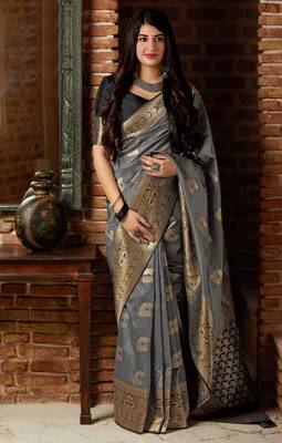 Grey woven banarasi silk saree with blouse 1