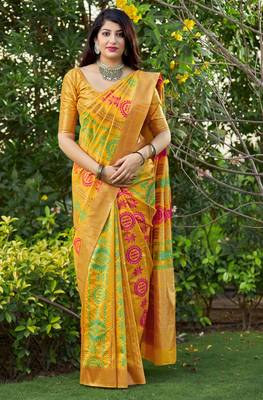 Yellow woven banarasi silk saree with blouse 1