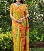 Yellow woven banarasi silk saree with blouse