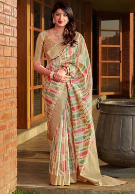 Beige woven banarasi silk saree with blouse 1