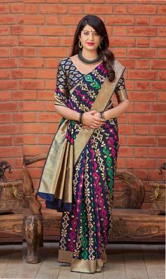 Blue woven banarasi silk saree with blouse 1