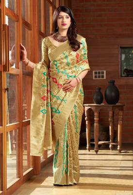 Cream woven banarasi silk saree with blouse 1
