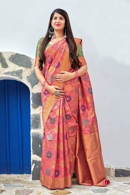 Pink woven banarasi silk saree with blouse 1