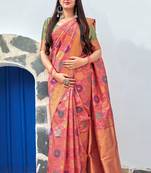 Pink woven banarasi silk saree with blouse