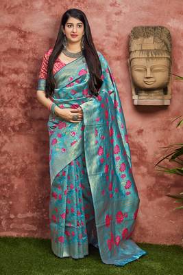 Sky blue woven banarasi silk saree with blouse 1