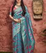 Sky blue woven banarasi silk saree with blouse