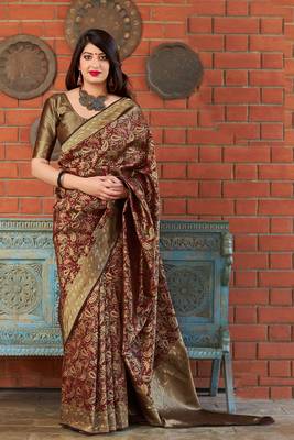 Dark brown woven banarasi silk saree with blouse 1