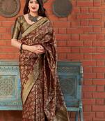 Dark brown woven banarasi silk saree with blouse