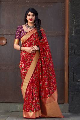 Red woven banarasi silk saree with blouse 1