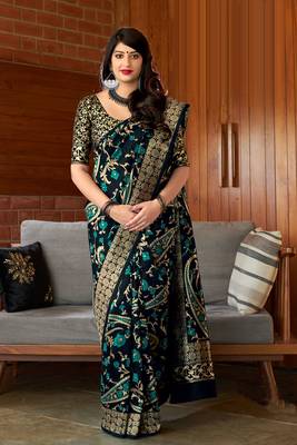 Blue woven banarasi silk saree with blouse 1
