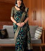 Blue woven banarasi silk saree with blouse