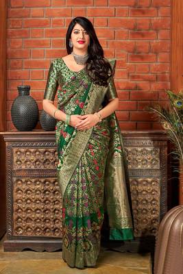 Green woven banarasi silk saree with blouse 1