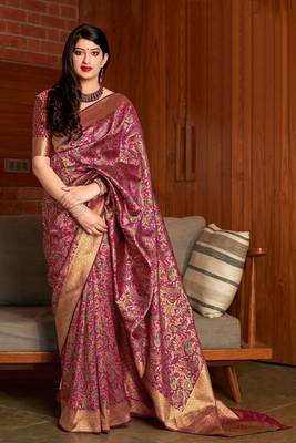 Pink woven banarasi silk saree with blouse 1