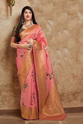 Pink woven banarasi silk saree with blouse 1