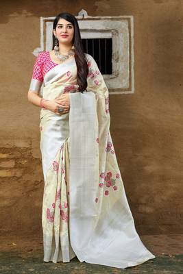 Beige woven banarasi silk saree with blouse 1