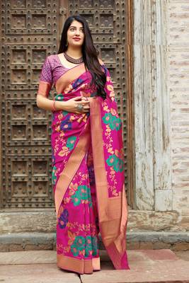 Pink woven banarasi silk saree with blouse 1