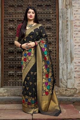 Black woven banarasi silk saree with blouse 1