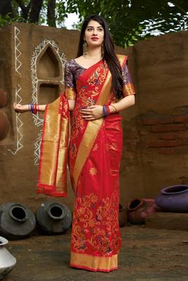 Red woven banarasi silk saree with blouse 1
