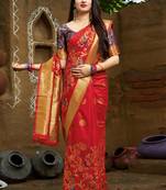 Red woven banarasi silk saree with blouse