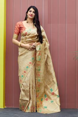 Cream woven banarasi silk saree with blouse 1