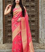 Pink woven banarasi silk saree with blouse