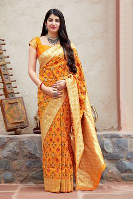 Mustard woven banarasi silk saree with blouse 1