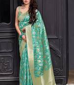 Light turquoise woven banarasi silk saree with blouse