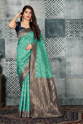 Turquoise woven banarasi silk saree with blouse 1