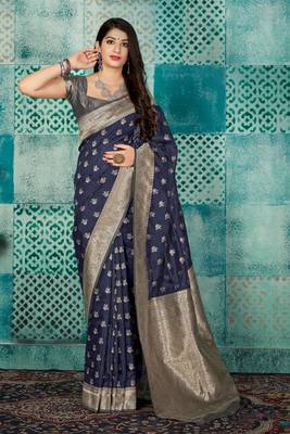 Navy blue woven banarasi silk saree with blouse 1