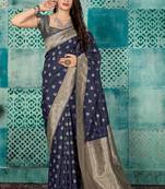 Navy blue woven banarasi silk saree with blouse