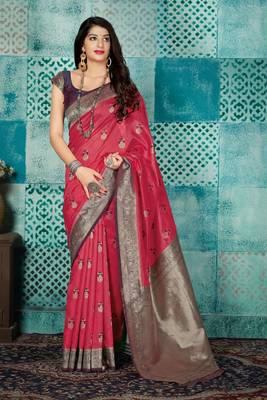 Dark coral woven banarasi silk saree with blouse 1