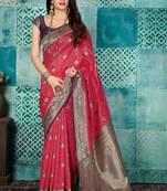 Dark coral woven banarasi silk saree with blouse