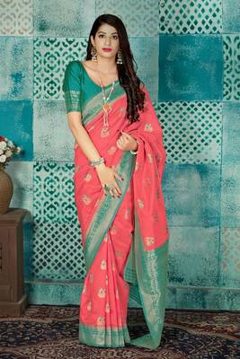 Pink woven banarasi silk saree with blouse 1