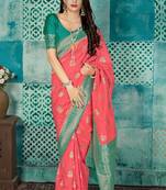 Pink woven banarasi silk saree with blouse