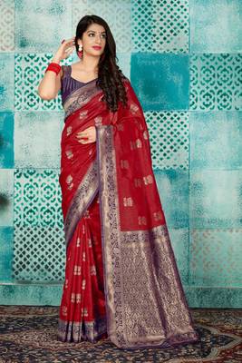 Maroon woven banarasi silk saree with blouse 1