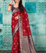 Maroon woven banarasi silk saree with blouse