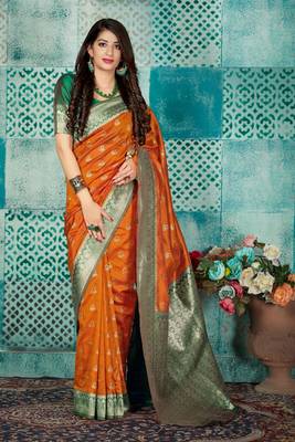 Orange woven banarasi silk saree with blouse 1