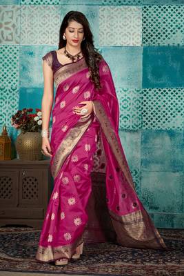 Pink woven banarasi silk saree with blouse 1