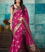 Pink woven banarasi silk saree with blouse
