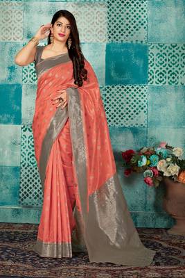 Peach woven banarasi silk saree with blouse 1