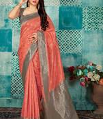Peach woven banarasi silk saree with blouse