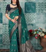 Dark turquoise woven banarasi silk saree with blouse