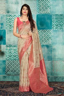Cream woven banarasi silk saree with blouse 1
